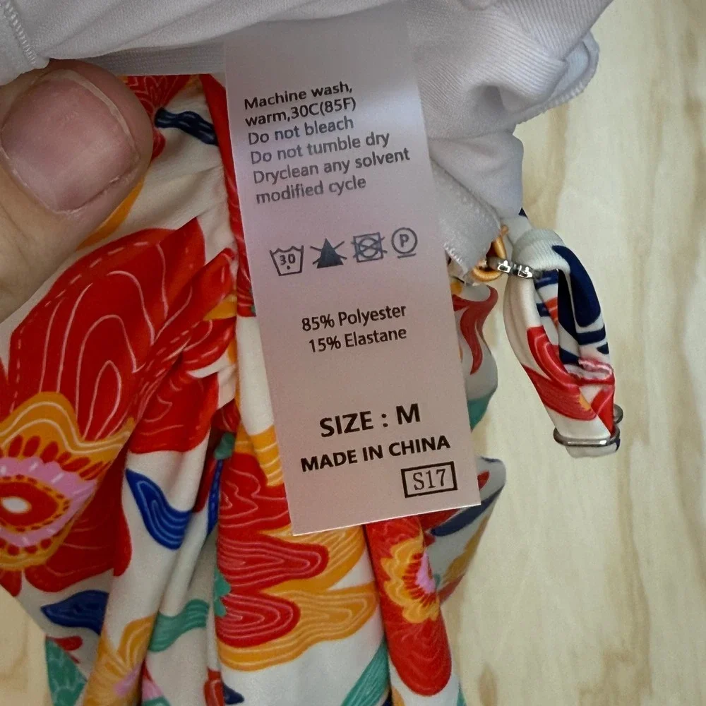 Floral One Piece Swimsuit Ruched Drawstring Padded Multicolor Retro Size M